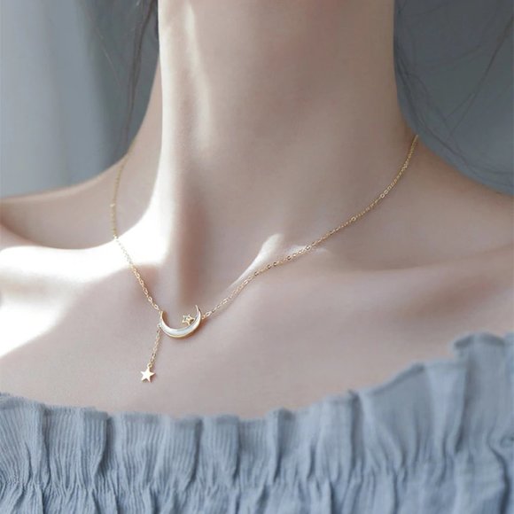 NEW Gold/925 Sterling Silver Moon Star Necklace A - Picture 3 of 7